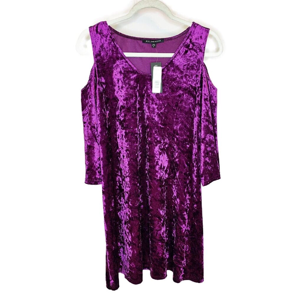 Nik and Nash Cold Shoulder‎ Dress Purple Crushed Velvet Size Large NWT Cocktail